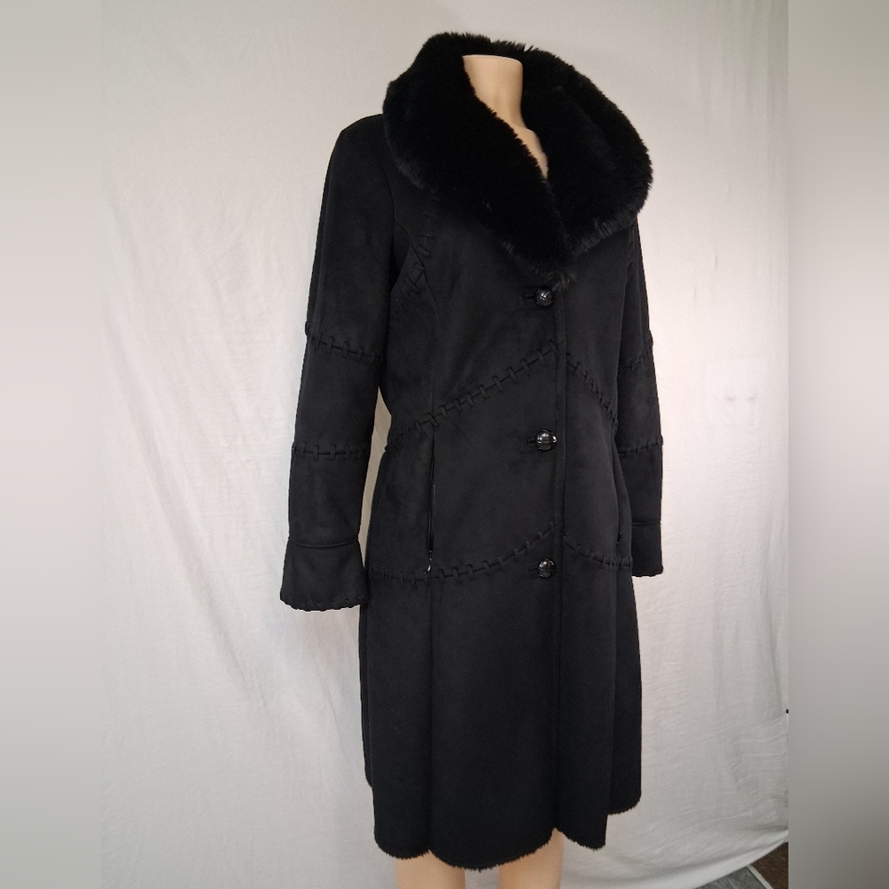 Coldwater Creek Elegant Black Trench Coat with Plush Collar - Picture 9 of 16
